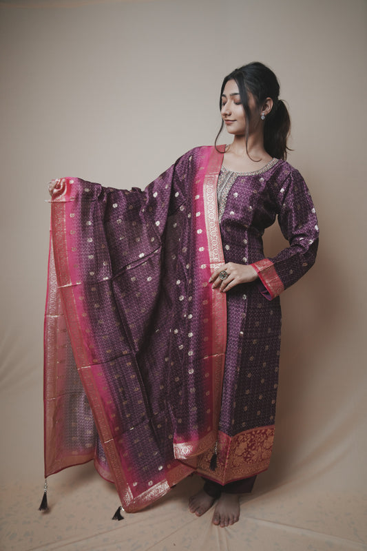 Banarasi Straight Punjabi Suit with Handwork Neckline