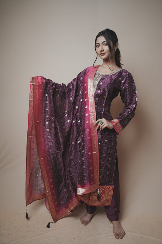 Banarasi Straight Punjabi Suit with Handwork Neckline