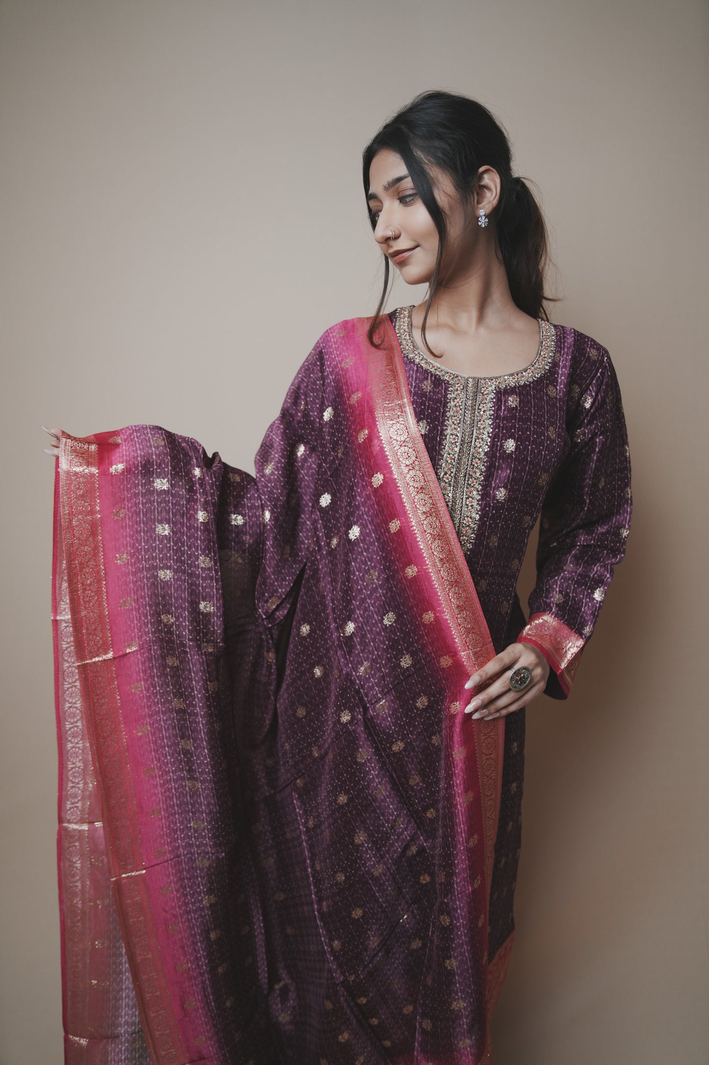 Banarasi Straight Punjabi Suit with Handwork Neckline