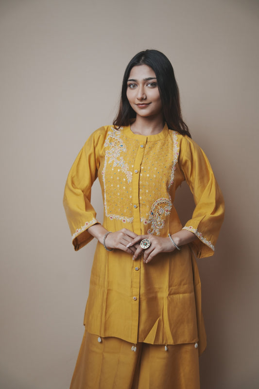 Sunshine Mustard Silk Set with Pearl Tassel Detailing