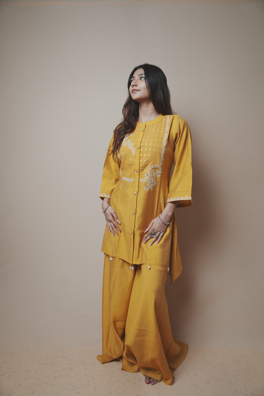 Sunshine Mustard Silk Set with Pearl Tassel Detailing