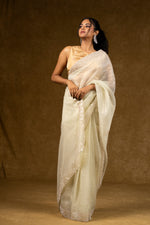 Load image into Gallery viewer, Ivory Net Saree with Pearl Detailing
