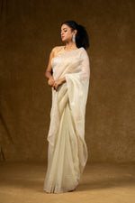 Load image into Gallery viewer, Ivory Net Saree with Pearl Detailing
