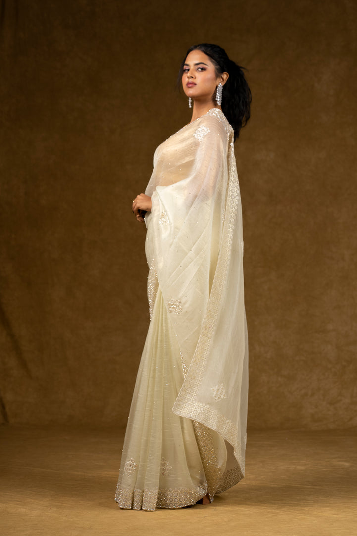 Ivory Net Saree with Pearl Detailing