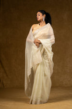 Load image into Gallery viewer, Ivory Net Saree with Pearl Detailing
