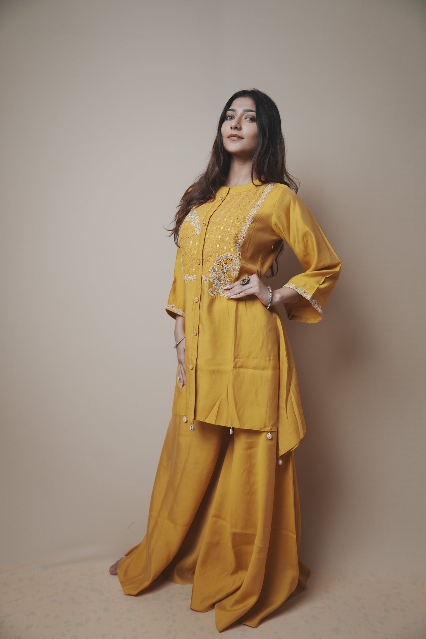 Sunshine Mustard Silk Set with Pearl Tassel Detailing