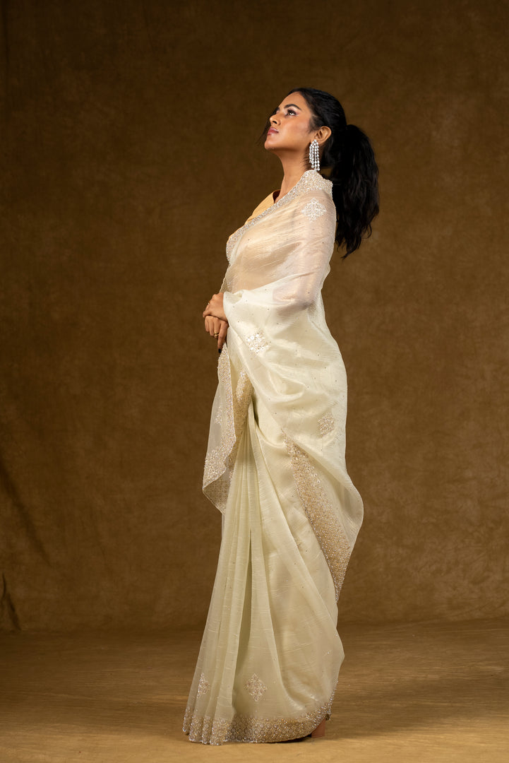 Ivory Net Saree with Pearl Detailing