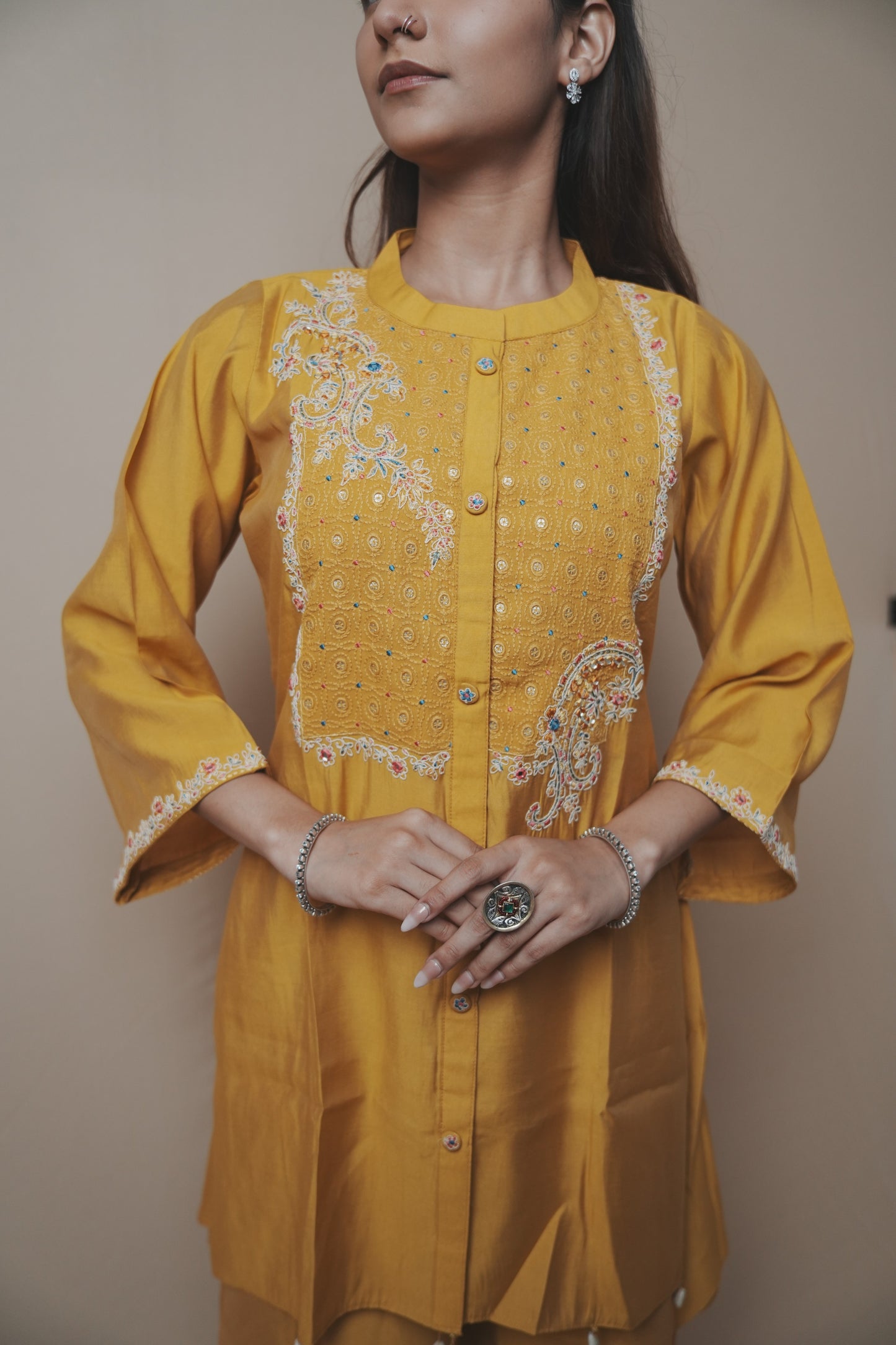Sunshine Mustard Silk Set with Pearl Tassel Detailing