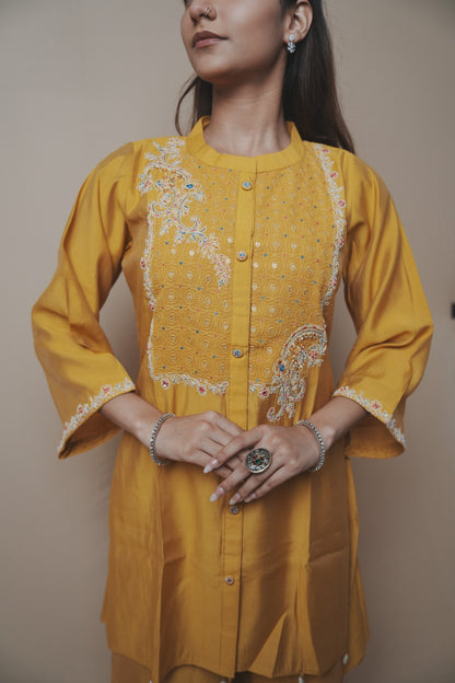 Sunshine Mustard Silk Set with Pearl Tassel Detailing