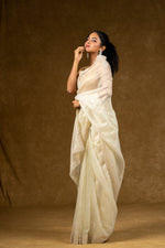 Load image into Gallery viewer, Ivory Net Saree with Pearl Detailing
