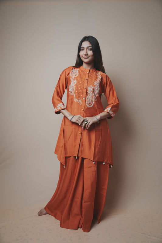 Rust Orange Silk Co-ord Set with Anchor Thread Embroidery