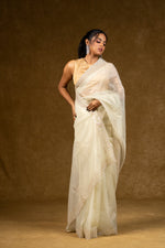 Load image into Gallery viewer, Ivory Net Saree with Pearl Detailing
