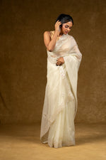 Load image into Gallery viewer, Ivory Net Saree with Pearl Detailing
