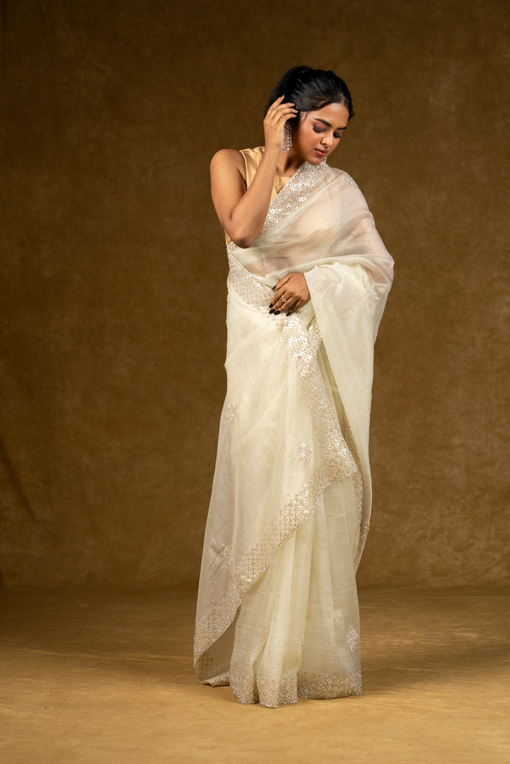 Ivory Net Saree with Pearl Detailing