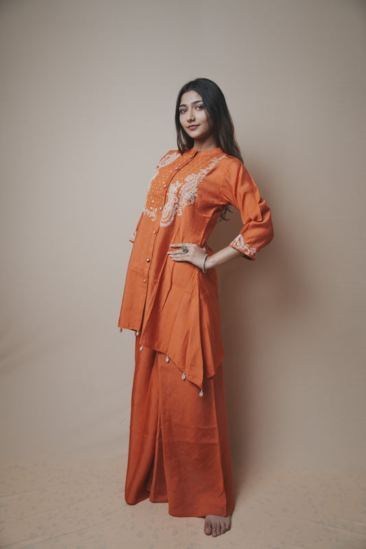 Rust Orange Silk Co-ord Set with Anchor Thread Embroidery