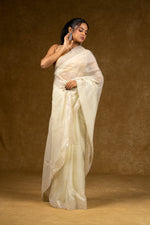 Load image into Gallery viewer, Ivory Net Saree with Pearl Detailing
