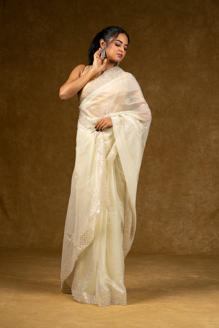 Ivory Net Saree with Pearl Detailing