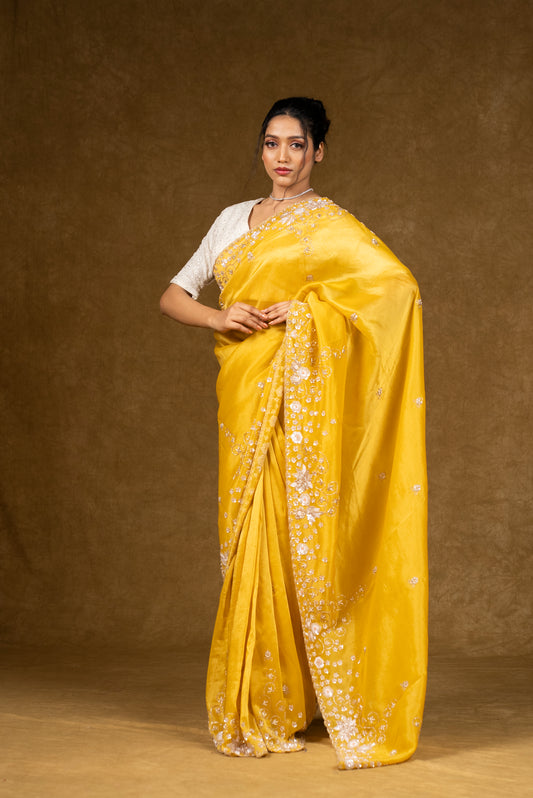 Yellow Silk Saree with Floral Sequins Work