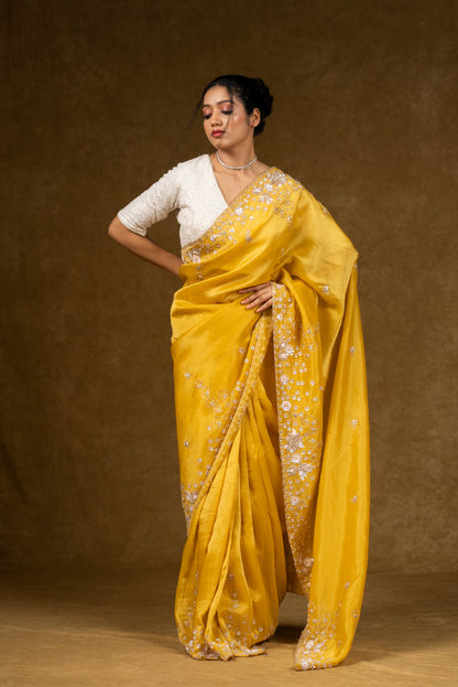Yellow Silk Saree with Floral Sequins Work