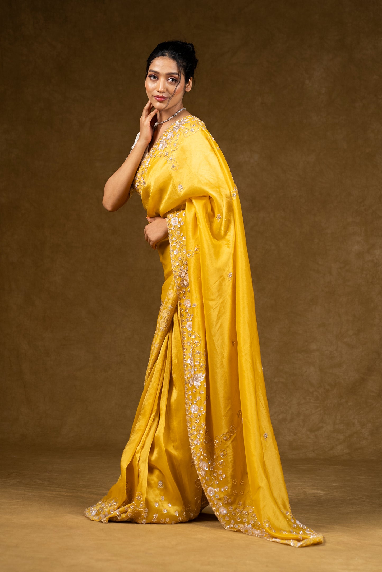 Yellow Silk Saree with Floral Sequins Work