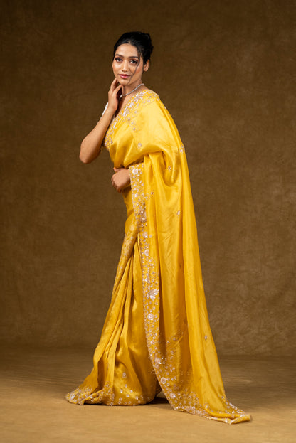 Yellow Silk Saree with Floral Sequins Work