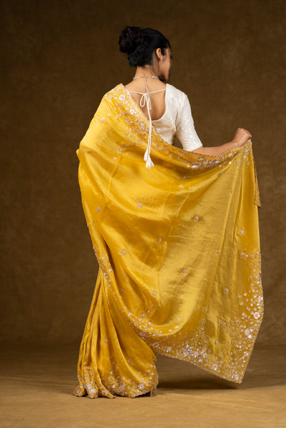 Yellow Silk Saree with Floral Sequins Work