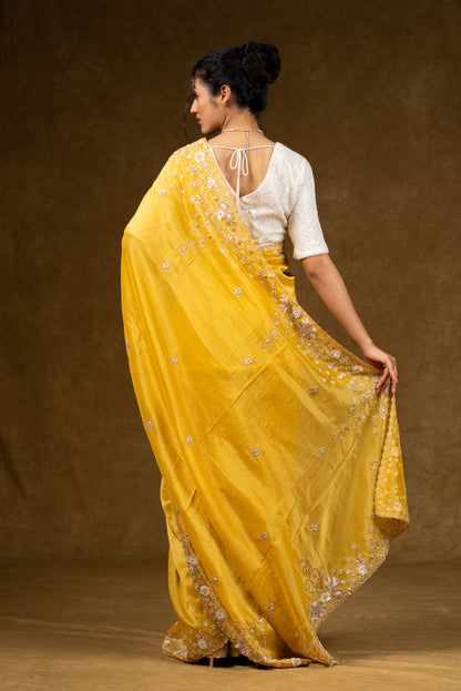 Yellow Silk Saree with Floral Sequins Work