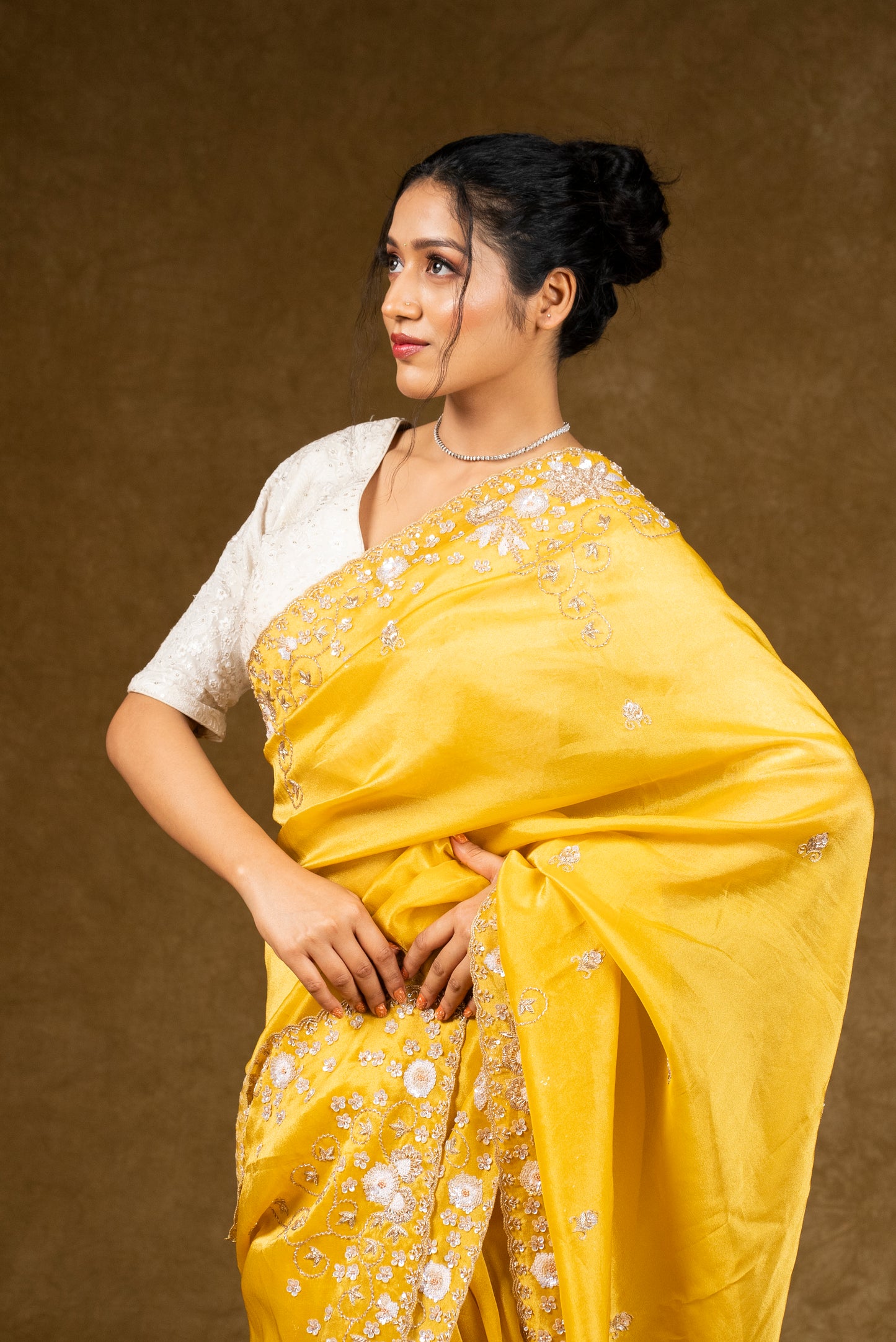 Yellow Silk Saree with Floral Sequins Work