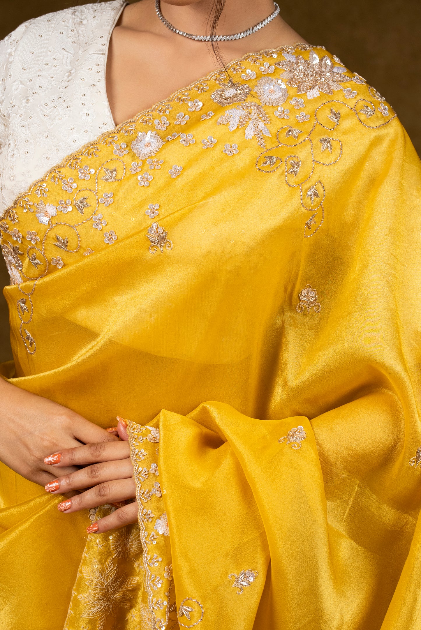 Yellow Silk Saree with Floral Sequins Work