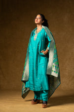 Load image into Gallery viewer, Turquoise Silk Embroidered Suit Set with Banarasi Dupatta
