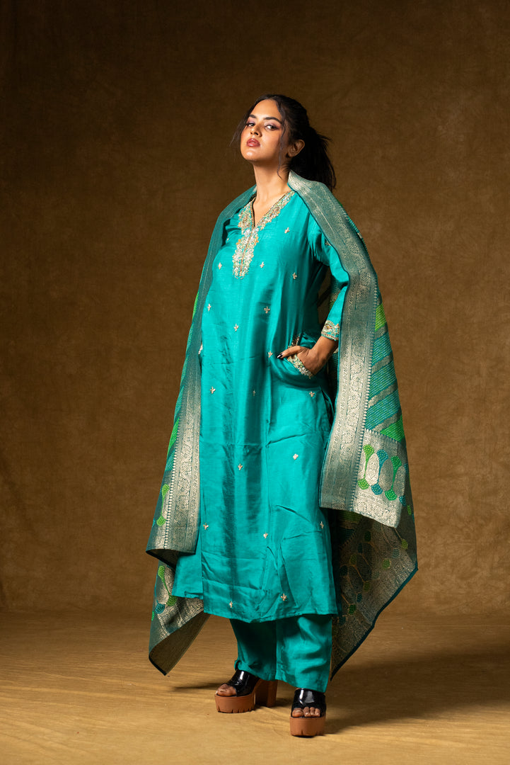 Turquoise Silk Embroidered Suit Set with Banarasi Dupatta