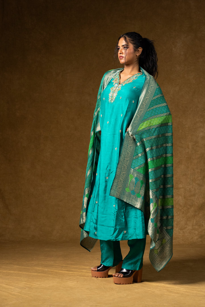 Turquoise Silk Embroidered Suit Set with Banarasi Dupatta