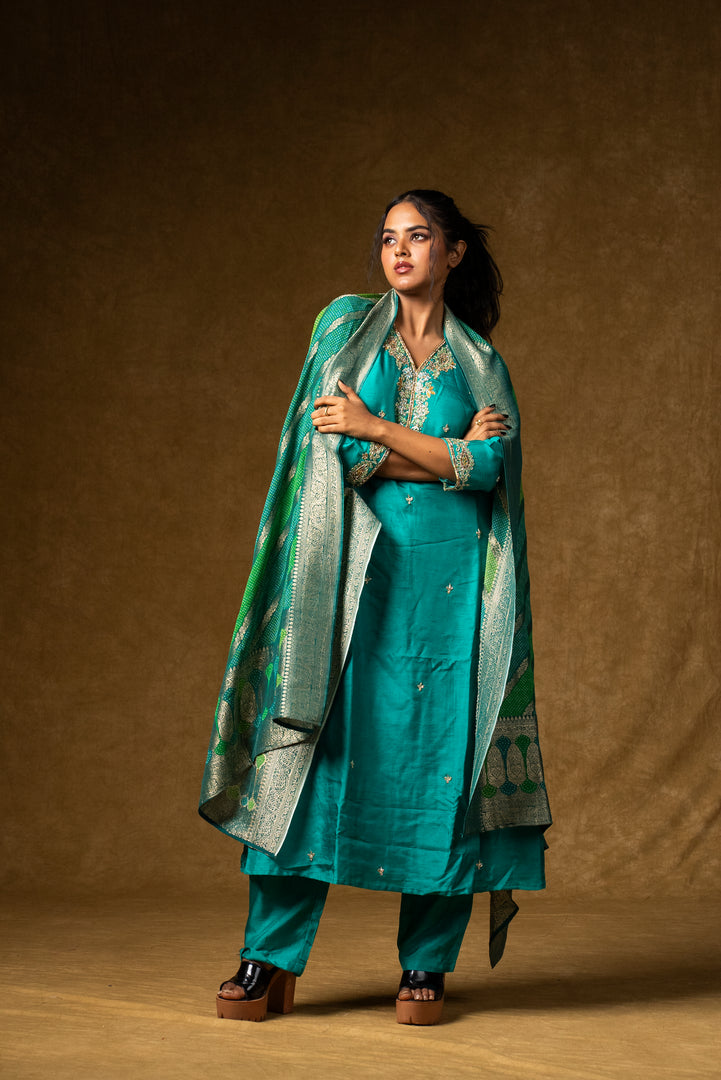 Turquoise Silk Embroidered Suit Set with Banarasi Dupatta