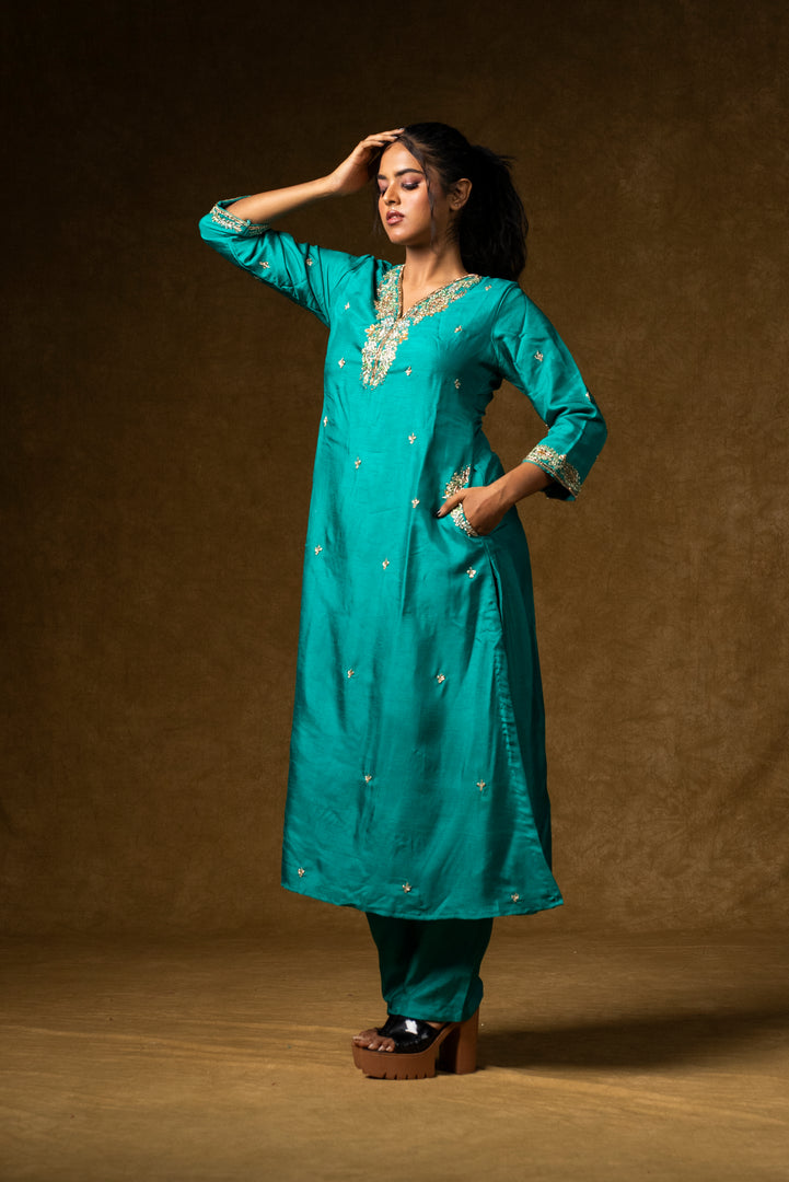 Turquoise Silk Embroidered Suit Set with Banarasi Dupatta