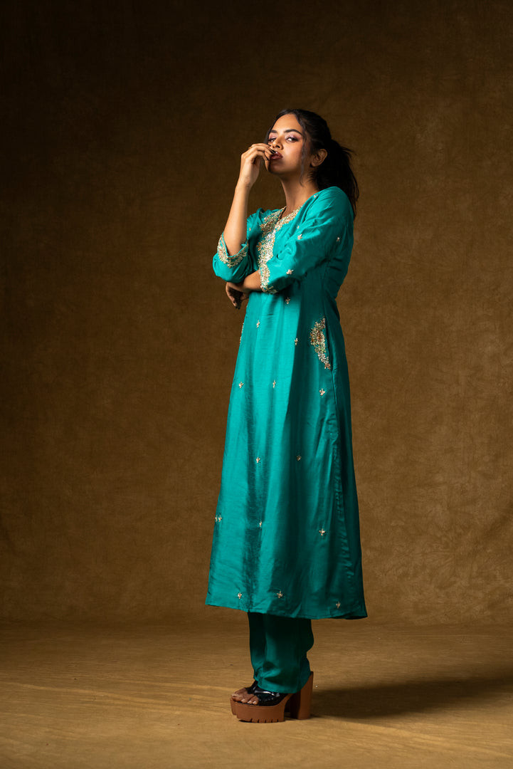 Turquoise Silk Embroidered Suit Set with Banarasi Dupatta