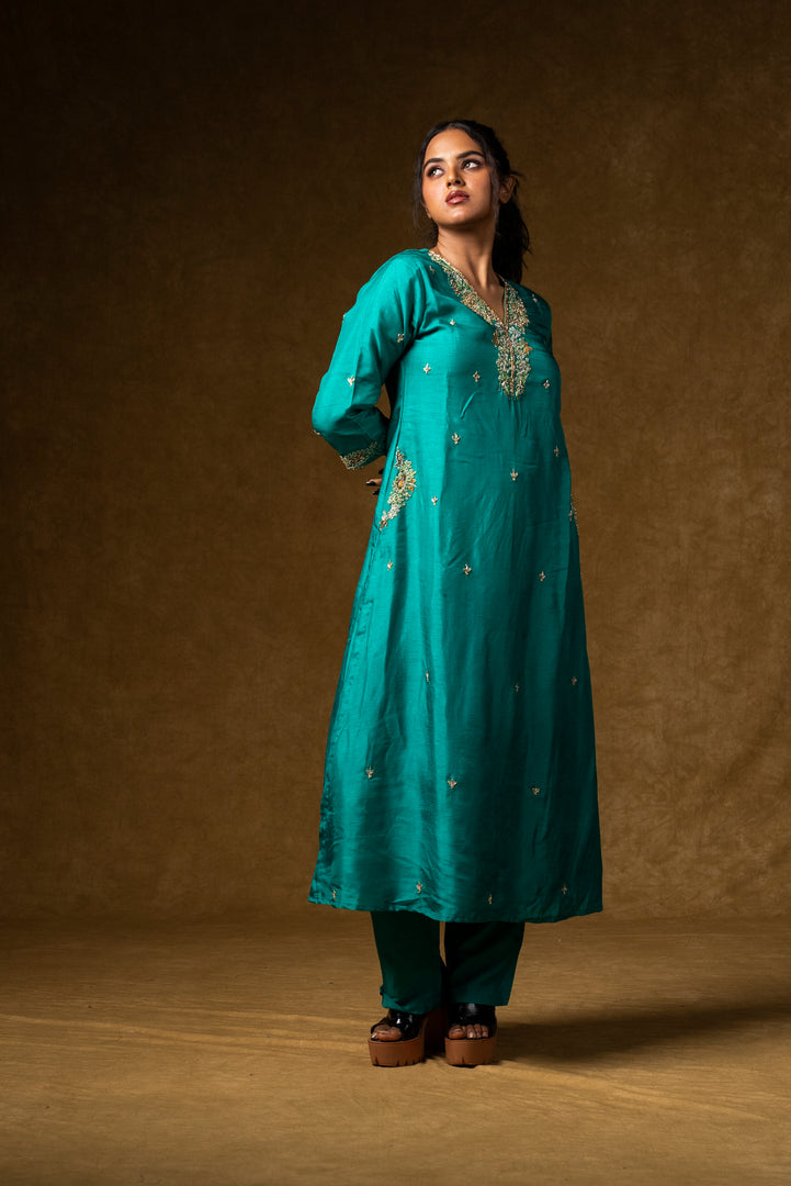 Turquoise Silk Embroidered Suit Set with Banarasi Dupatta