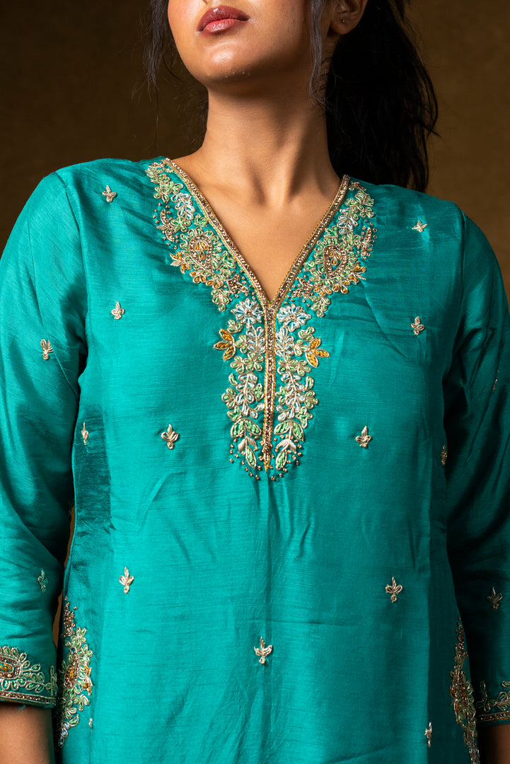 Turquoise Silk Embroidered Suit Set with Banarasi Dupatta