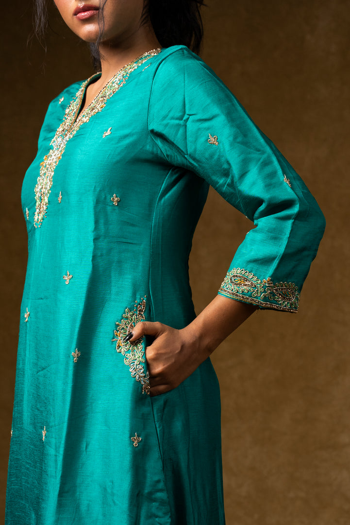 Turquoise Silk Embroidered Suit Set with Banarasi Dupatta