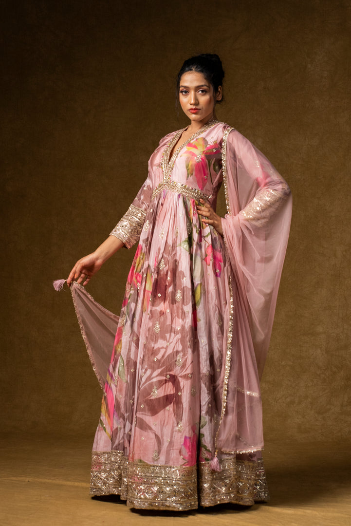 Pink Floral Anarkali Gown Set