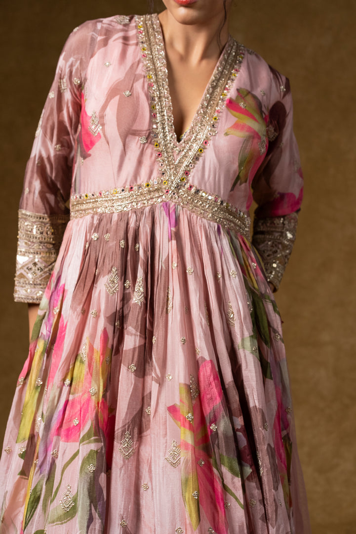 Pink Floral Anarkali Gown Set