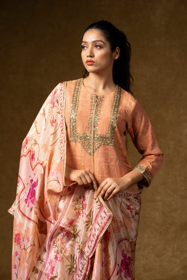 Peach Embroidered Sharara Set