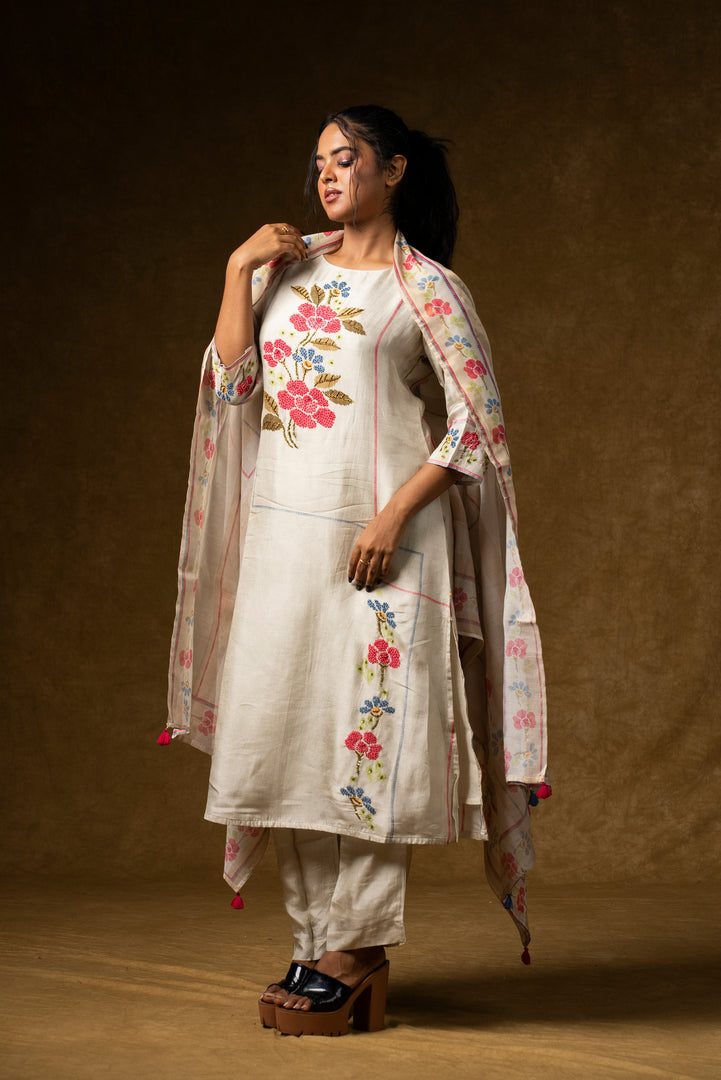 Ivory Floral Embroidered Suit Set