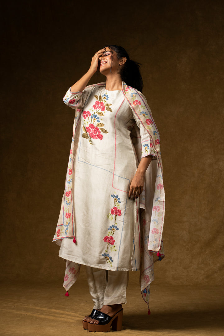 Ivory Floral Embroidered Suit Set