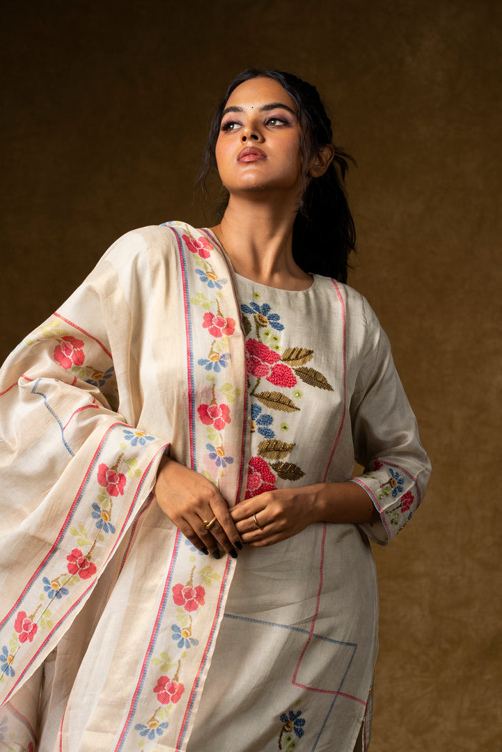 Ivory Floral Embroidered Suit Set