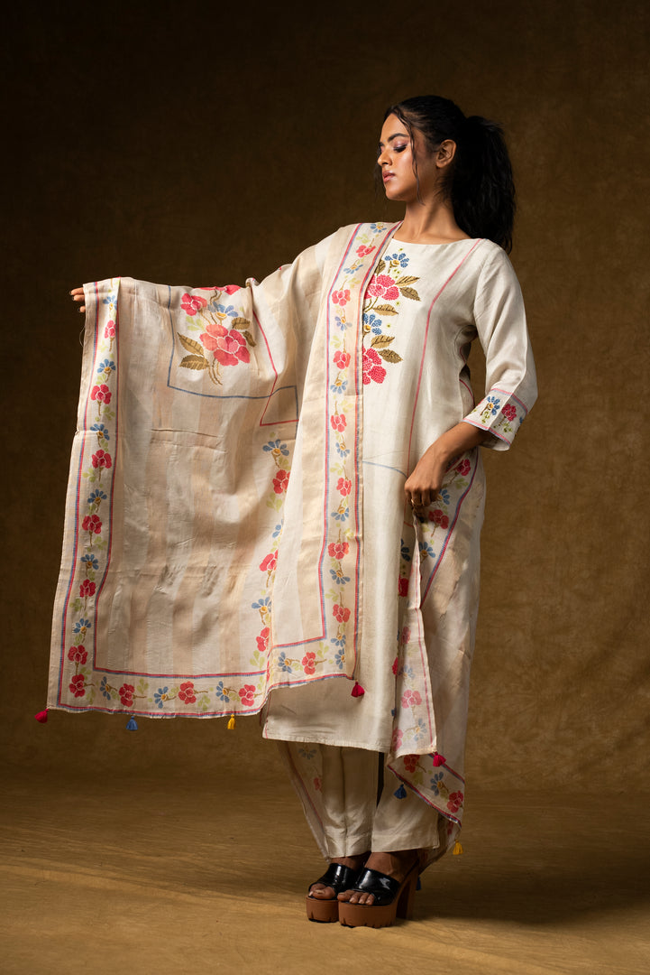 Ivory Floral Embroidered Suit Set