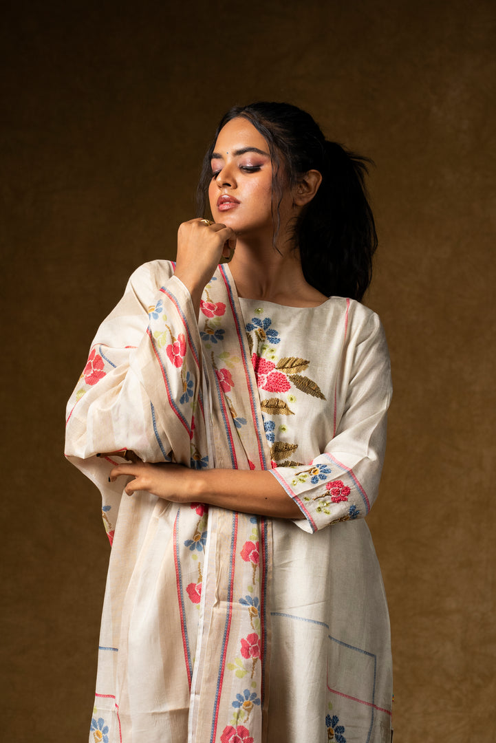 Ivory Floral Embroidered Suit Set