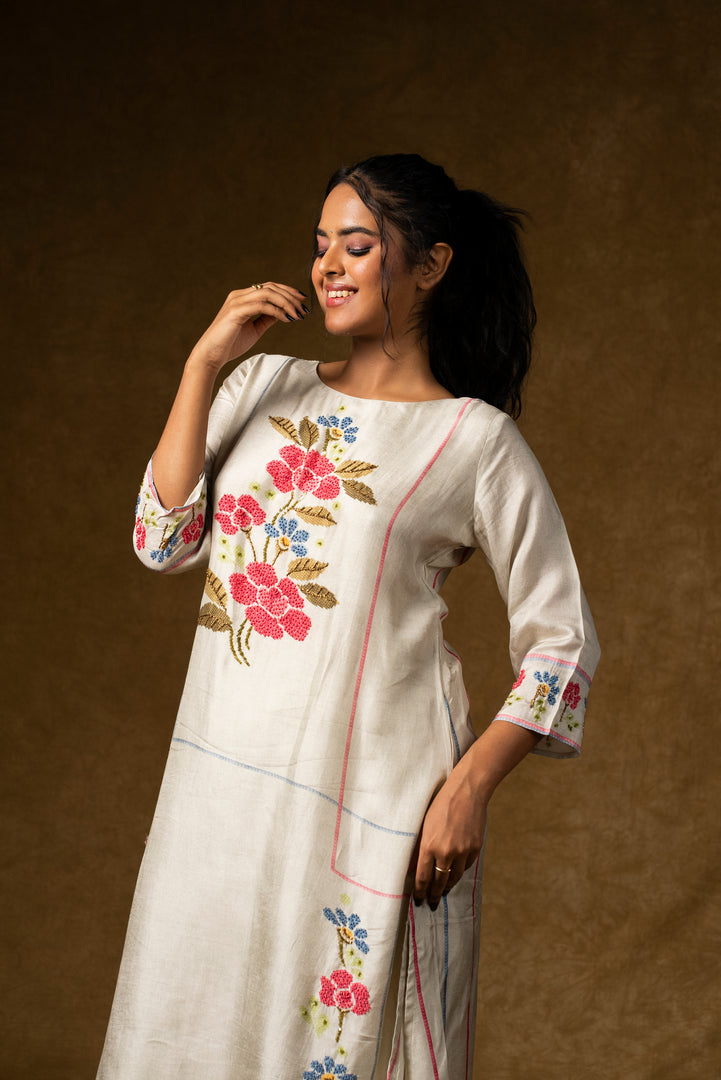 Ivory Floral Embroidered Suit Set