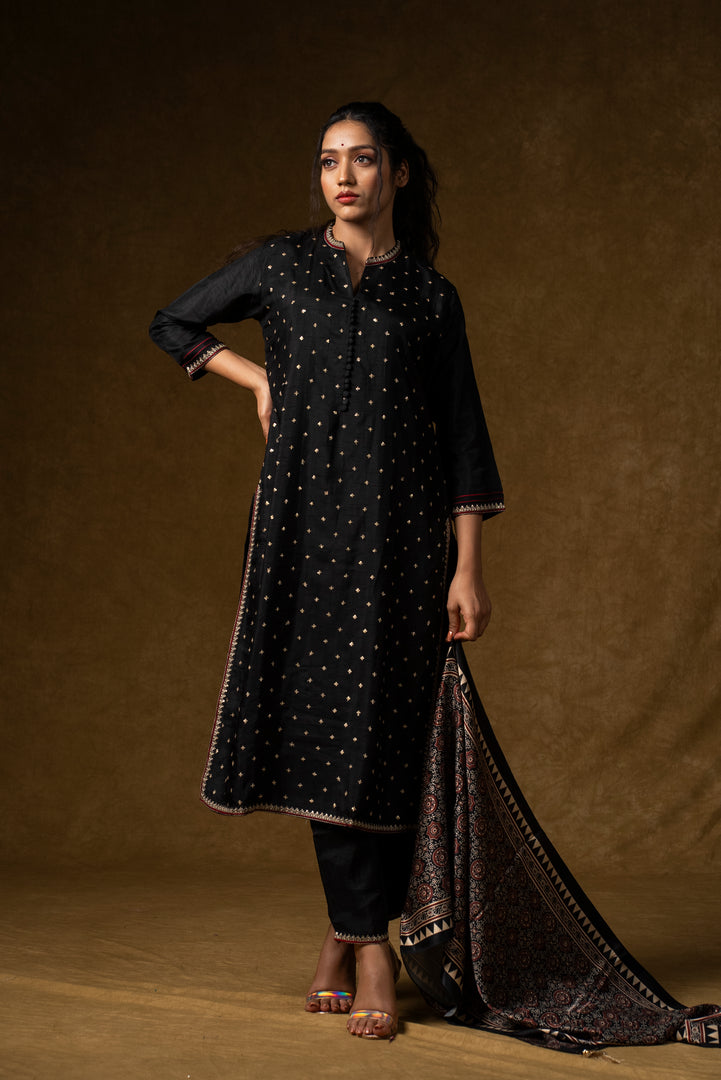 Black Ajrakh Print Suit Set