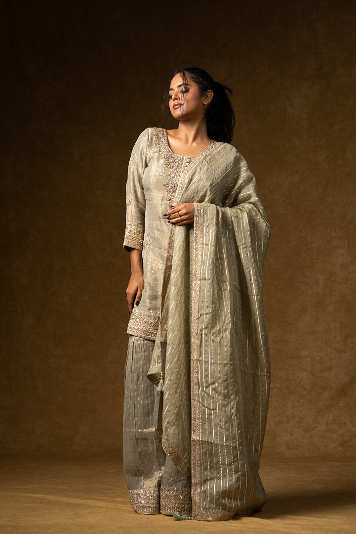 Pearl Grey Embroidered Palazzo Set