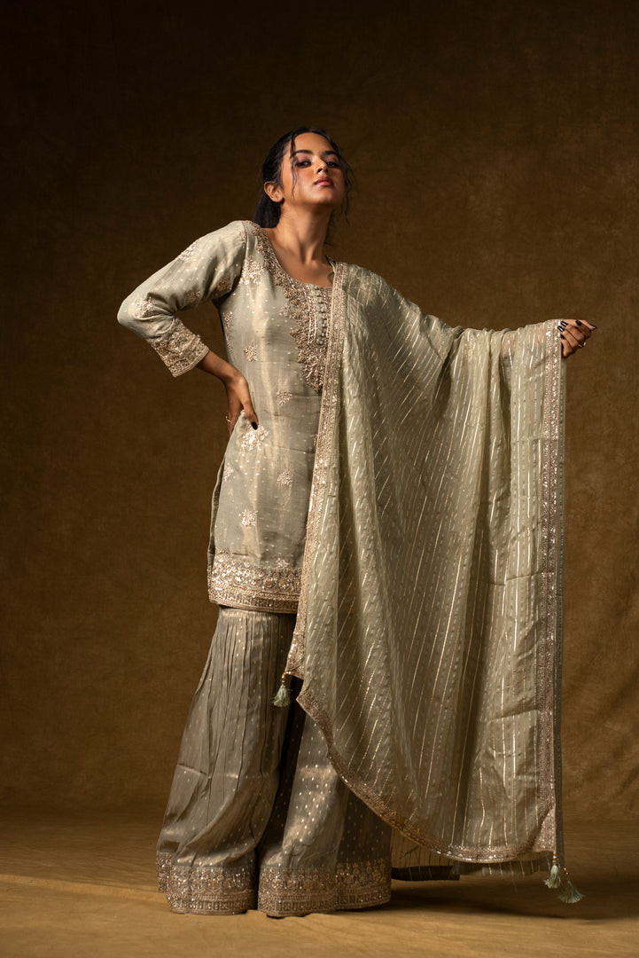 Pearl Grey Embroidered Palazzo Set